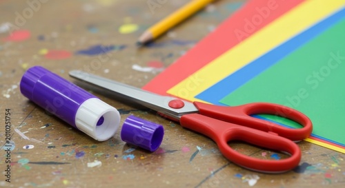 Art Supplies: Scissors, Paper, and Pencil on Craft Table