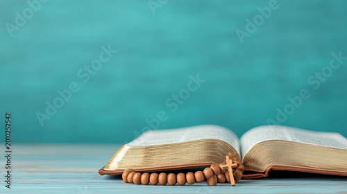 An open Bible with a wooden rosary and cross lies on a blue wooden surface against a teal background.
