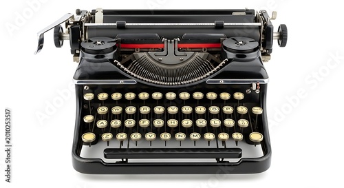 Front view of antique black manual typewriter with classic white keys isolated on white background for creative writing and retro design inspiration