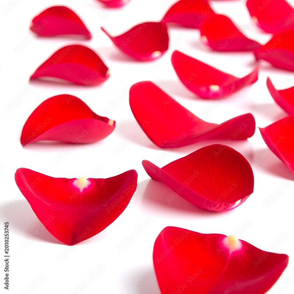 Fototapeta premium Rose petals scattered on white background.