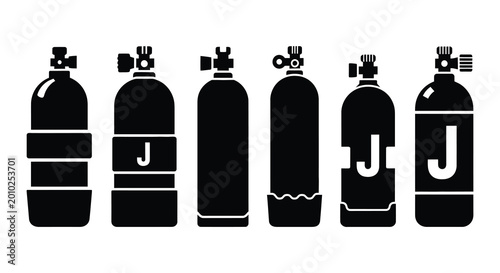 Obraz na płótnie Scuba diving tanks silhouettes black vector illustration on white background