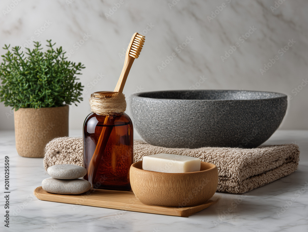 Fototapeta premium Bathroom amenities on marble surface creating a calming spa ambiance