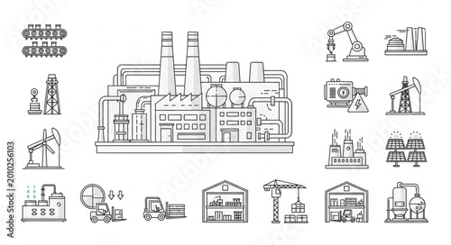 Schilderij op canvas Industrial factory and construction site icons set.