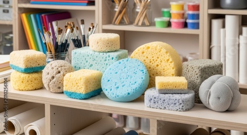 Assorted Art Project Sponges Arranged on a Shelf