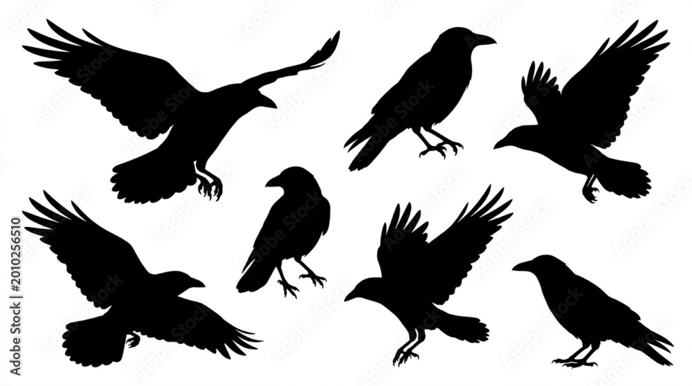 Fototapeta premium Black crows flying and perched in different poses isolated on white background, Vector