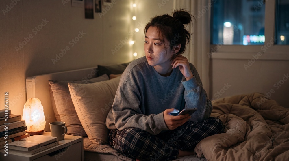 Obraz premium Young woman sitting on bed at night holding smartphone, looking thoughtful and pensive, surrounded by cozy bedroom decor, warm lighting, and books, expressing overthinking