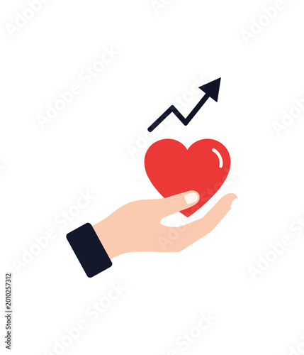Hand holding red heart with growth arrow icon isolated