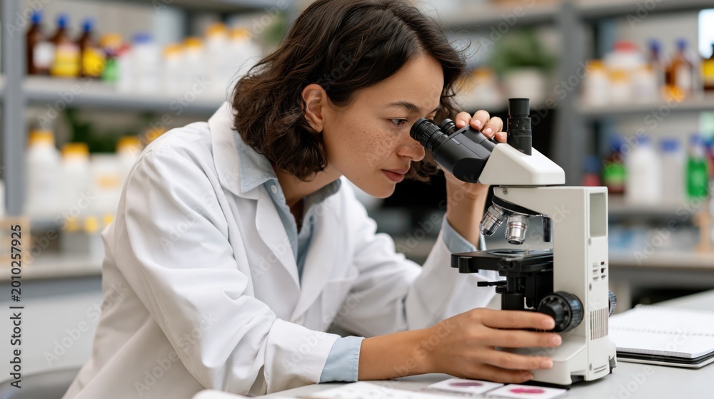 Fototapeta premium Young female scientist in white lab coat intently examining specimen under microscope