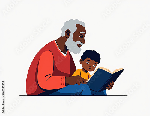 Grandparent Joyfully Reading a Storybook to a Curious Child with Enchanting Illustrations on a Cozy Couch