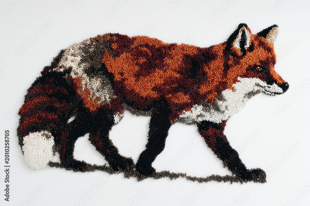 Fototapeta premium Fox made from coffee beans on white background, animal art with natural texture and creative design for wildlife and nature concept illustration.
