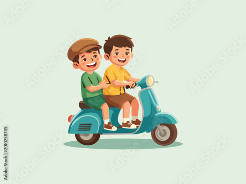 Happy Friendship Day Cute Kids Riding Scooter Flat Vector Illustration