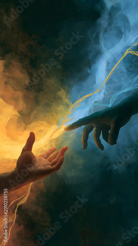 Divine Connection: The image captures a profound moment of spiritual connection. A celestial hand reaches out to touch another, with beams of light between the fingertips, symbolizing unity, creation.
