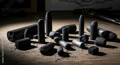 Assorted Charcoal Drawing Sticks on Wooden Surface