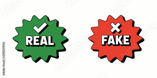 Photography Green and red starburst with real and fake text checkmark vector illustration isolated on white background