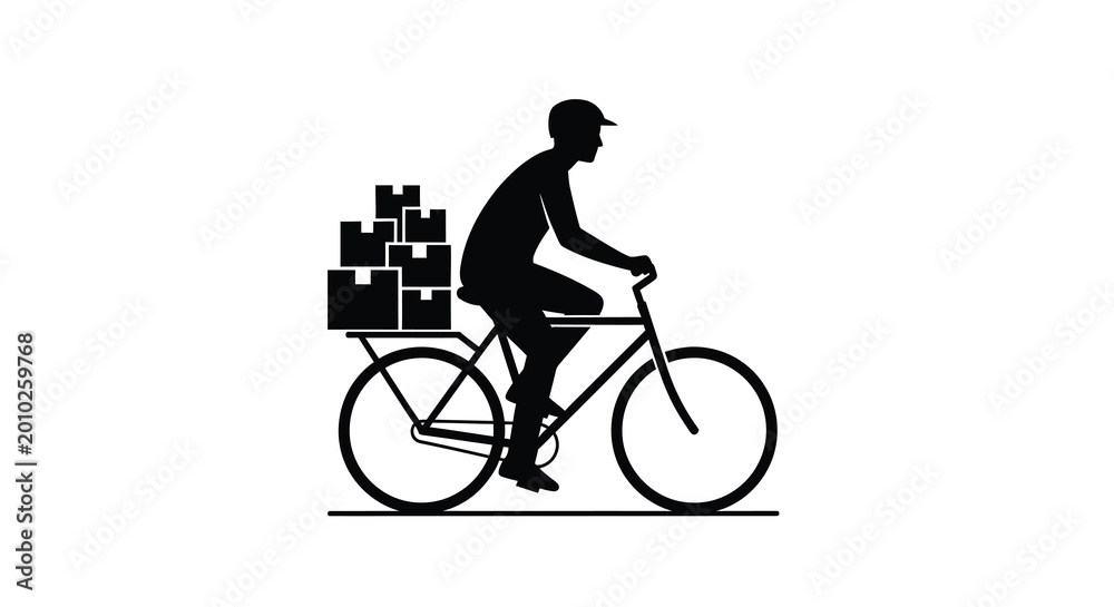 Obraz premium bicycle delivery silhouette with stacked boxes on white background