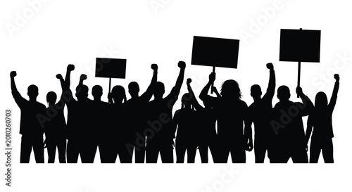 Obraz na płótnie protesting crowd silhouette with raised hands and signs