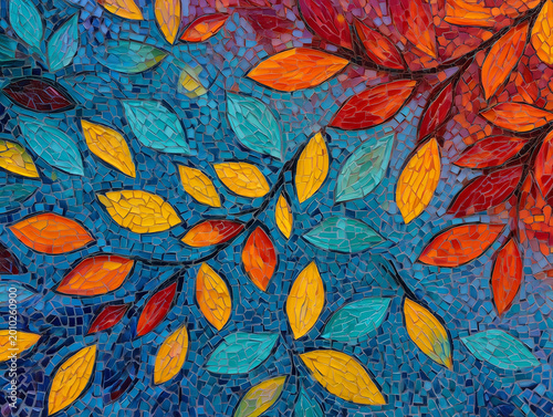 Mosaic art background featuring abstract autumn leaves pattern