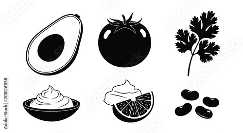 Photos Black silhouettes of avocado tomato cilantro and other food items