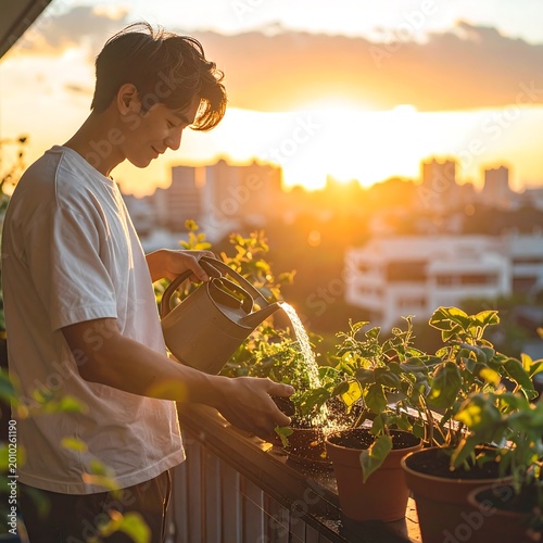 Young Asian Man Watering Potted Plants On A Balcony During A Golden Sunset With An Urban City Skyline Background Peaceful Urban Gardening Lifestyle