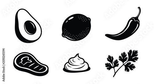 Fotografía Black silhouettes of avocado tomato cilantro and other food items