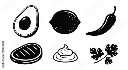 Cuadro en lienzo Black silhouettes of avocado tomato cilantro and other food items