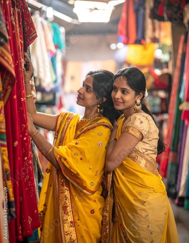 Two Indian Women In Traditional Yellow Sarees Shopping For Textiles In A Vibrant Clothing Store Filled With Colorful Fabrics And Ethnic Garments