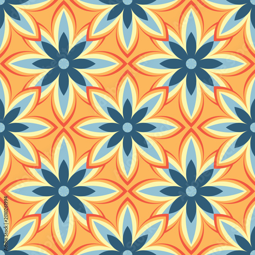 Art Deco Floral Lattice Pattern, Seamless Blue and Orange Geometric Design, Elegant Radiant Flower Motif, CMYK