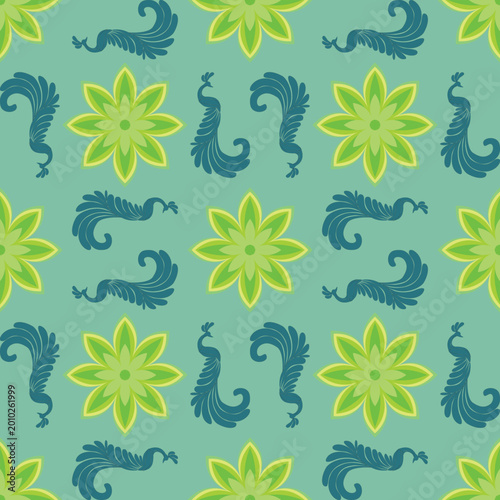Elegant Peacock Floral Pattern, Seamless Teal Bird Motif, Vintage Botanical Ethnic Design, CMYK