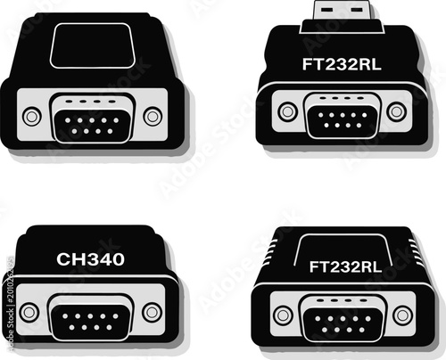 Four USB to serial converter adapters on a white background, isolated on transparent background