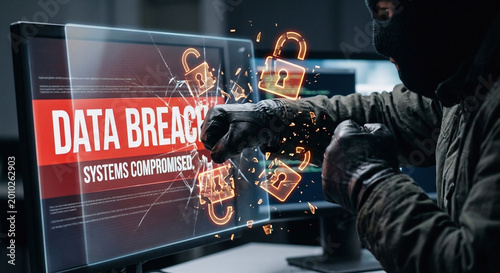 Obraz na plátně Masked man breaking into protected sensitive computer data
