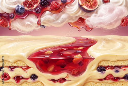 Berry Syrup Dessert Landscape With Cream Layers and Fresh Fruit