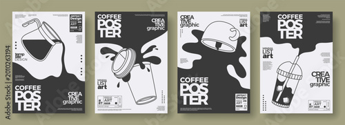 Coffee concept design. Outline posters set of coffee pot, paper cup and lid, cup, plastic beaker. Abstract templates with spilling, flowing coffee. Simple illustrations for wall art, cafe, coffee shop