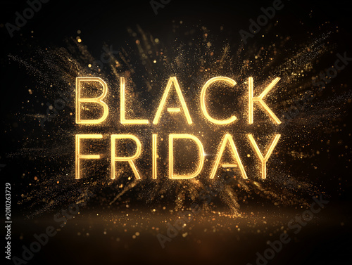 Black friday sales event glowing gold text and glitter