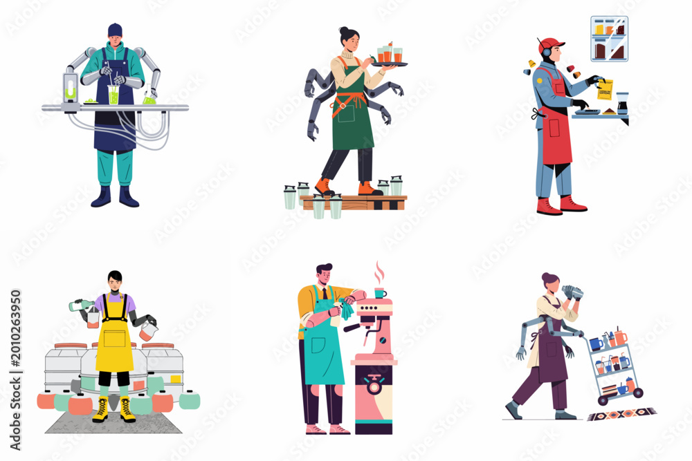 Fototapeta premium Illustrations of futuristic baristas and cafe workers with robotic arms and cybernetic enhancements multitasking in a modern service environment.