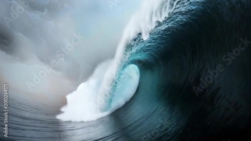 Large ocean waves hit the shore in this sequence. Surfers ride the waves as they break and crash onto the sand during an afternoon at the beach