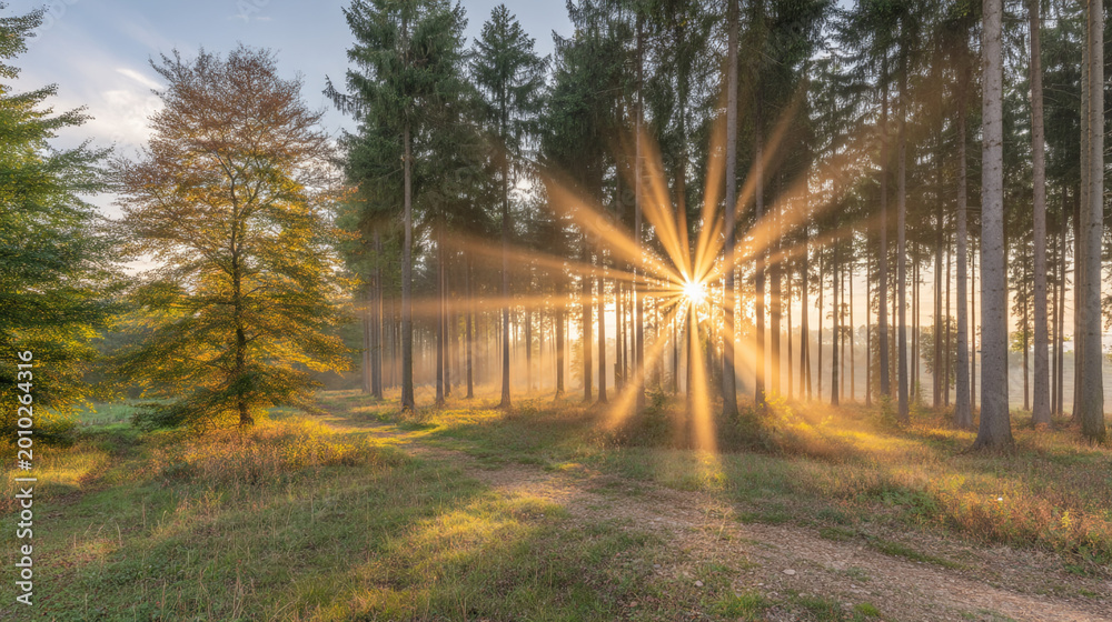 Obraz premium Sunbeams radiating through a forest at sunrise, creating a starburst effect