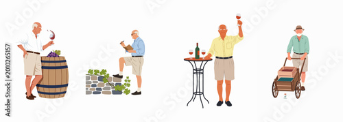 Bild auf Leinwand Set of flat illustrations featuring a senior man engaged in various wine-making and viticulture activities like tasting, harvesting, and vineyard management