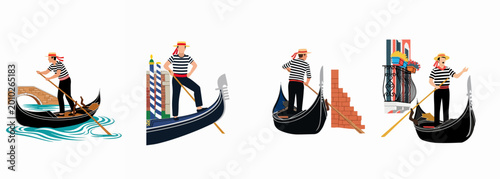 Schilderij op canvas Collection of flat vector illustrations depicting traditional Venetian gondoliers navigating through the iconic canals of Venice, Italy