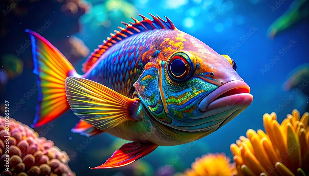 Fototapeta premium Vibrant Tropical Fish Digital Illustration With Colorful Multi Colored Scales Swimming Through A Bright Coral Reef Environment Under Blue Ocean Water