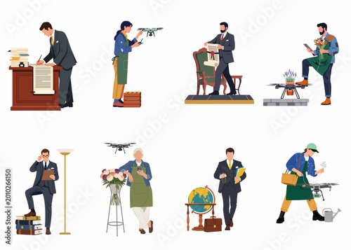 Картината върху платно Flat vector illustrations comparing traditional professions like lawyers and scholars with modern roles like tech-savvy florists using drones