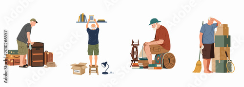 Canvastavla Senior men packing, decluttering, and organizing their belongings into boxes and suitcases during a home move or downsizing process