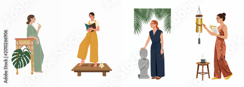 Fotografija Set of illustrated women characters engaging in peaceful activities like reading, meditating, and enjoying tea in a minimalist style