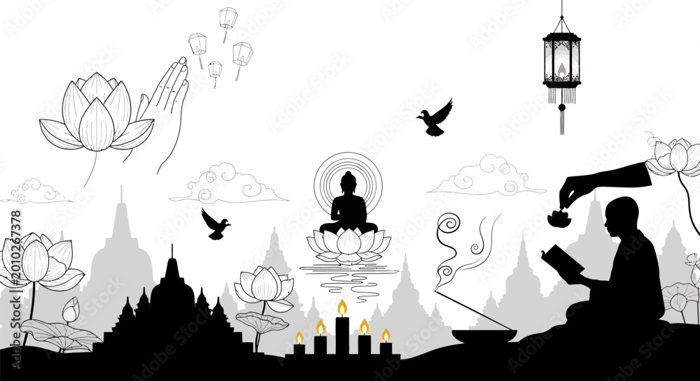 Fototapeta premium Man meditating in peaceful serene environment.