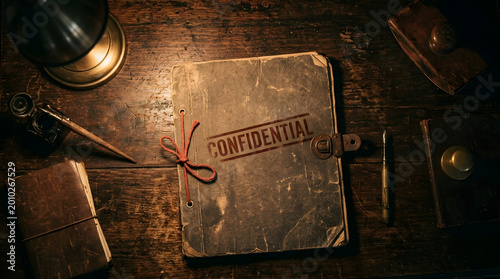 Vintage confidential file folder on dark wooden desk