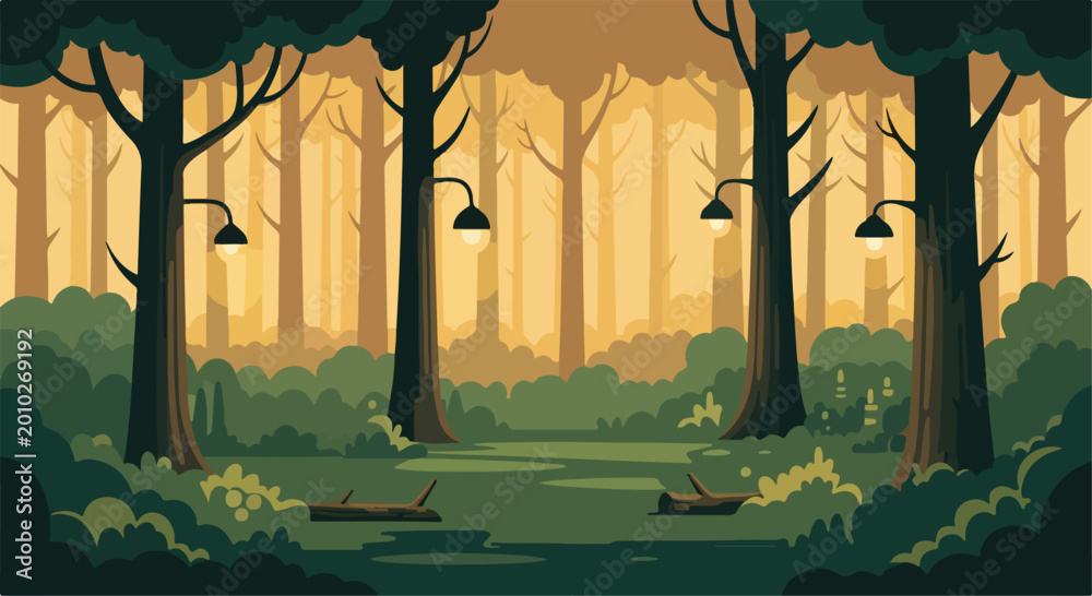 Obraz premium Flat vector forest landscape with street lamps, magical woodland scenery at sunset, mystical park background with glowing lights and dense trees