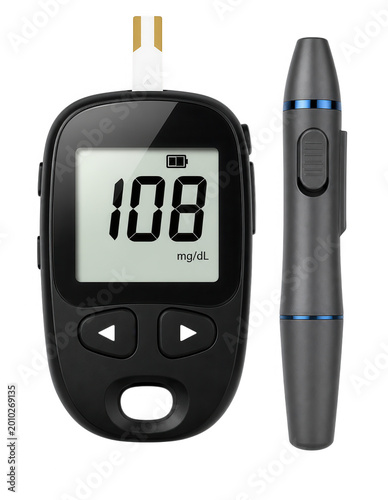 Digital blood glucose meter and lancing device on transparent background