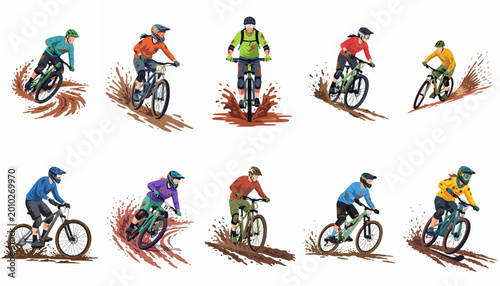 Foto Set of Ten Dynamic Illustrations Featuring Male and Female Mountain Bikers in Co