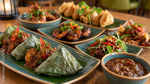 Assorted asian appetizers including leaf wrapped dumplings and spicy meat platters with dim sum