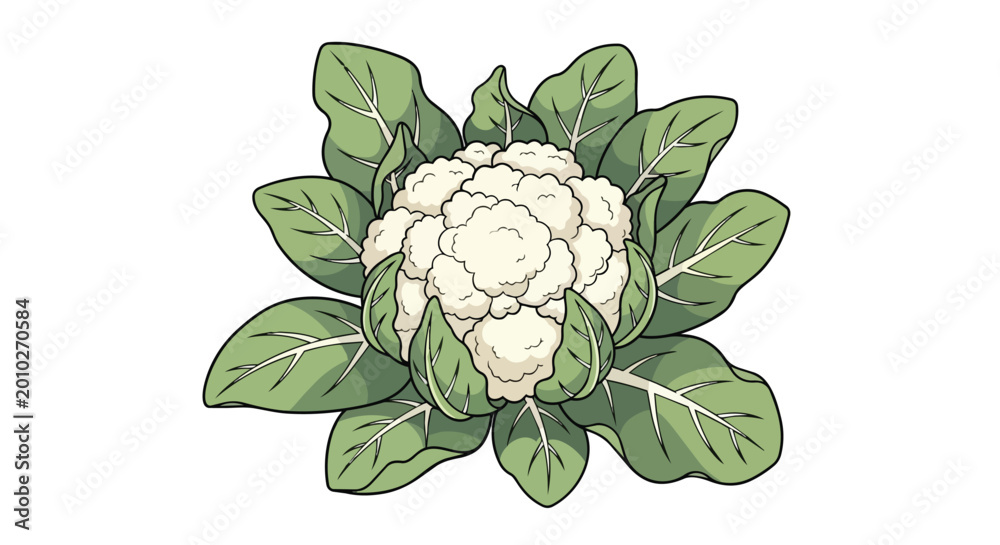 Obraz premium Fresh Organic Cauliflower with Green Leaves Illustration Isolated on White