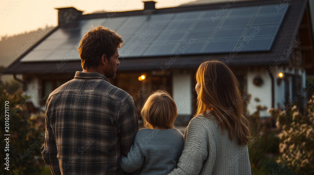 Fototapeta premium Family standing in front of house with solar panels at sunset showcasing sustainable living and renewable energy concept